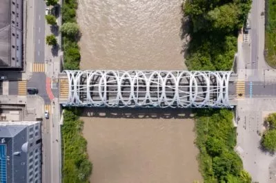 Aerial,View,Of,Hans-wilsdorf,Bridge,Near,Plainpalais,In,Geneva,-